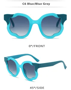 Detailed front and side view of wavy blue teal sunglasses with grey gradient lenses