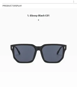 Vue de face de lunettes de soleil carrées noir brillant avec détails en métal