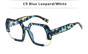 Detail of fashion sunglasses with blue leopard pattern frames and golden metal accents