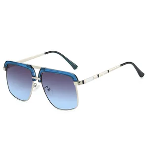 Retro double-bridge silver metal aviator sunglasses with blue gradient lenses