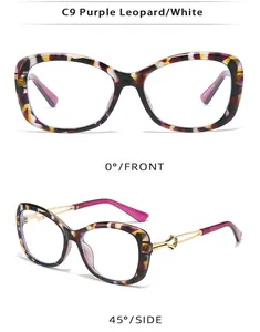 Vue détaillée des lunettes de soleil œil-de-chat léopard violet avec branches dorées
