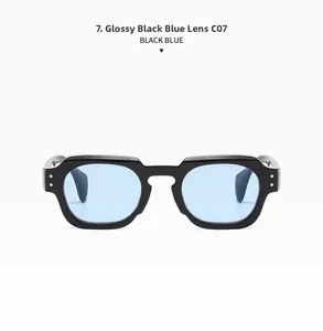 Front view of C07 square sunglasses with bright black frame and light blue lenses