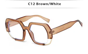 Detail of C12 brown and white geometric oversized sunglasses with blue light lenses