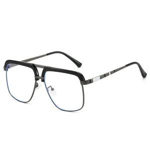 Retro double bridge metal sunglasses for men with black square frames and UV protection