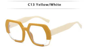 Detail view of large frame sunglasses model C13 with yellow frame and white temples