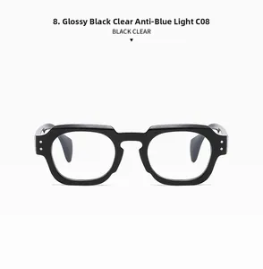 Detailed view of glossy black square frames with blue light blocking clear lenses