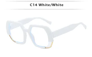 Detail of C14 white hexagonal frames with gold metal rims and blue light lenses
