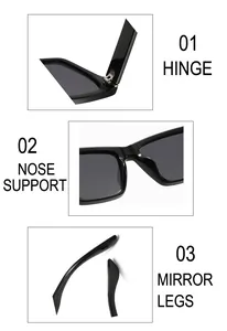 Detail view of square sunglasses showing metal hinges, nose pads, and sleek temples