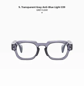Detail showing transparent grey polygon sunglasses frame with anti-blue light lens C09