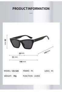 Detailed size specifications for square frame UV400 cat eye sunglasses model DS1509