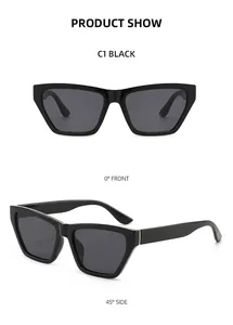 Detail view showing front and side angles of classic black square frame sunglasses