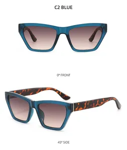 Front and side view of cat-eye sunglasses in blue with tortoiseshell patterned temples