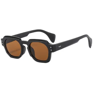 Retro polygon square sunglasses with matte black frames and amber lenses for men and women