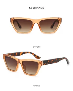 Front and side views of orange square sunglasses with gradient lenses and tortoiseshell temples