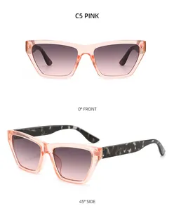 Front and side views of pink square sunglasses with tortoiseshell temples and gradient lenses