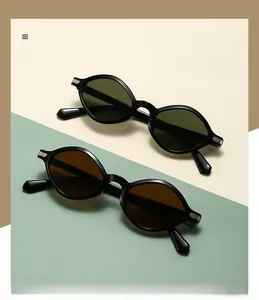 Close-up of retro oval sunglasses with polarized lenses and silver temple details