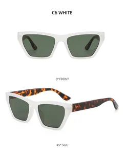 Detailed front and side views of white translucent square sunglasses with leopard temples