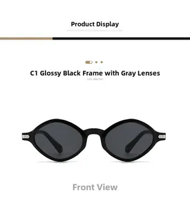 Front view of oval sunglasses with shiny black frame and grey lenses in a sleek design