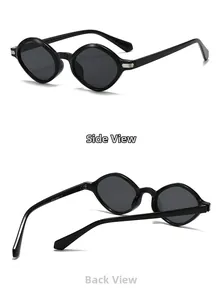 Detail view of retro oval sunglasses with black frames and side view showing temple hinge