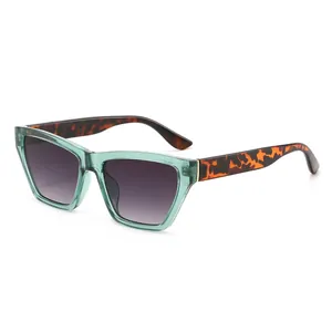 Square light green transparent sunglasses with tortoiseshell temples and gradient lenses
