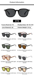 Detailed specs for oval sunglasses model 5770 showing dimensions and PC frame AC lens details