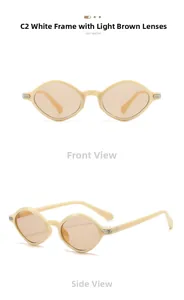 Detail view of oval cream white frames with light tea lenses and silver metal hinges