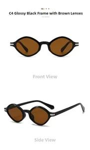 Front and profile views of oval sunglasses with glossy black frames and brown lenses