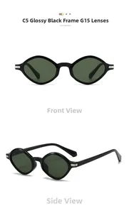 Front and side view of oval vintage sunglasses with black frames and green G15 lenses