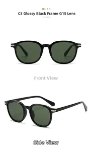 Front and side detail view of shiny black retro sunglasses with G15 dark green lenses