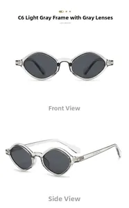 Detail view of oval geometric sunglasses with grey transparent frame and dark grey lenses