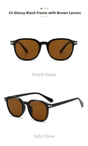 Detailed views of retro oval sunglasses with glossy black frames and brown lenses