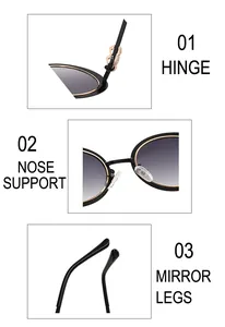 Detail view of oval sunglasses with metallic hinges and rhinestone encrusted logo