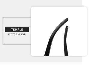 Detailed view of the curved black temple arms for a comfortable fit to the ear