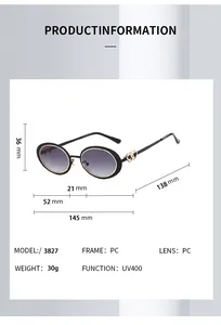 Detailed product dimensions and specifications for oval sunglasses with UV400 protection