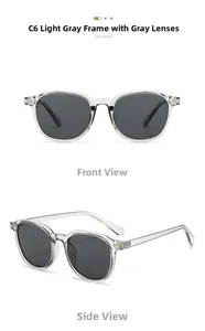 Front and side views of light grey oval sunglasses with semi-transparent frames