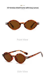 Detail view of oval tortoise shell sunglasses with dark grey lenses and silver hinge decor