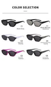 Six color options for trendy curved cat-eye sunglasses with lightweight wide frames