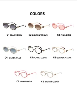 Matrix display of oval metal sunglasses with double-heart cutout details in multiple colors