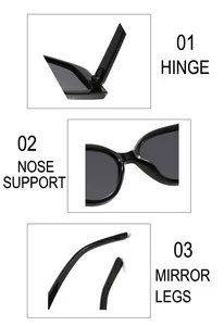 Détails des charnières métalliques, des plaquettes de nez et des branches de ces lunettes