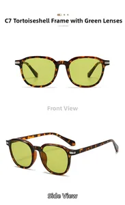 Detailed front and side views of tortoise shell sunglasses with yellow-green lenses