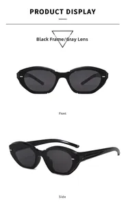 Detailed front and side views of stylish black cat eye sunglasses with gray lenses