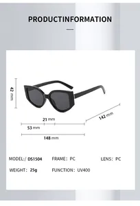 Diagramme détaillé des lunettes œil de chat montrant les dimensions du modèle DS1504 et UV400
