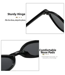 Detail view of oval sunglasses featuring sturdy metal hinges and comfortable nose pads