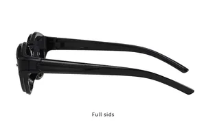 Detailed side view of black wide-temple cat eye sunglasses with glossy finish