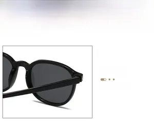 Detail view of glossy black full-frame sunglasses with dark grey UV protective lenses