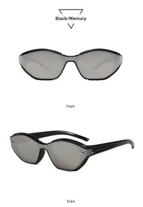 Detail view of black frame sunglasses with mercury lenses from front and side angles