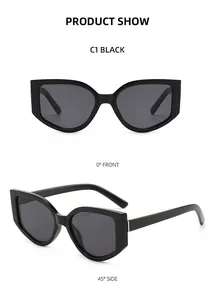 Vues détaillées de face et de profil de lunettes de soleil œil de chat noires à monture épaisse