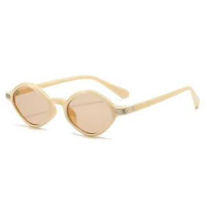 Oval narrow frame sunglasses in cream beige with brown lenses and silver hinge details
