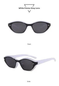 Front and side view of cat-eye sunglasses with white double-layer frames and gray lenses