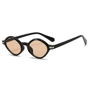 Retro small oval sunglasses with black geometric frames and amber lenses for men and women
